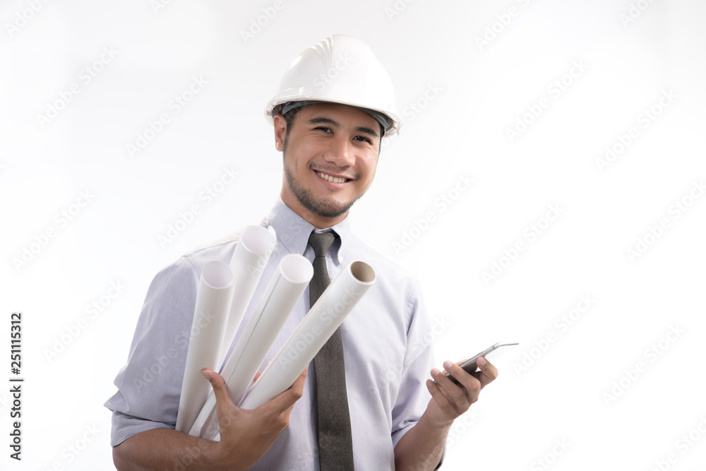 Portrait of asian engineer or architect holding blueprint smiling and using a cellphone isolated on 