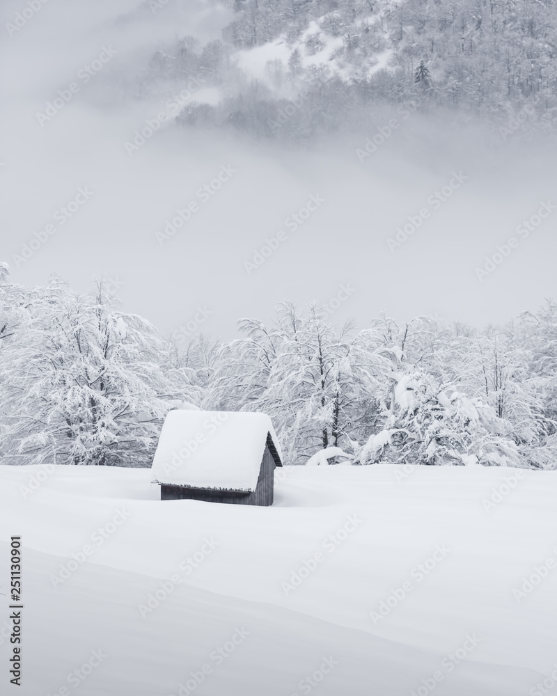 雪山木屋的奇妙冬季景观。圣诞假期概念