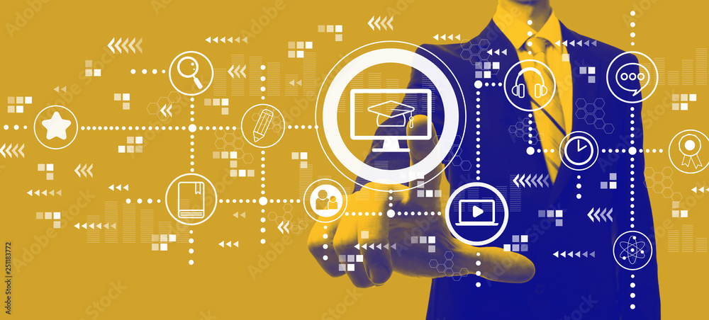 E-Learning with businessman in a yellow and blue duotone