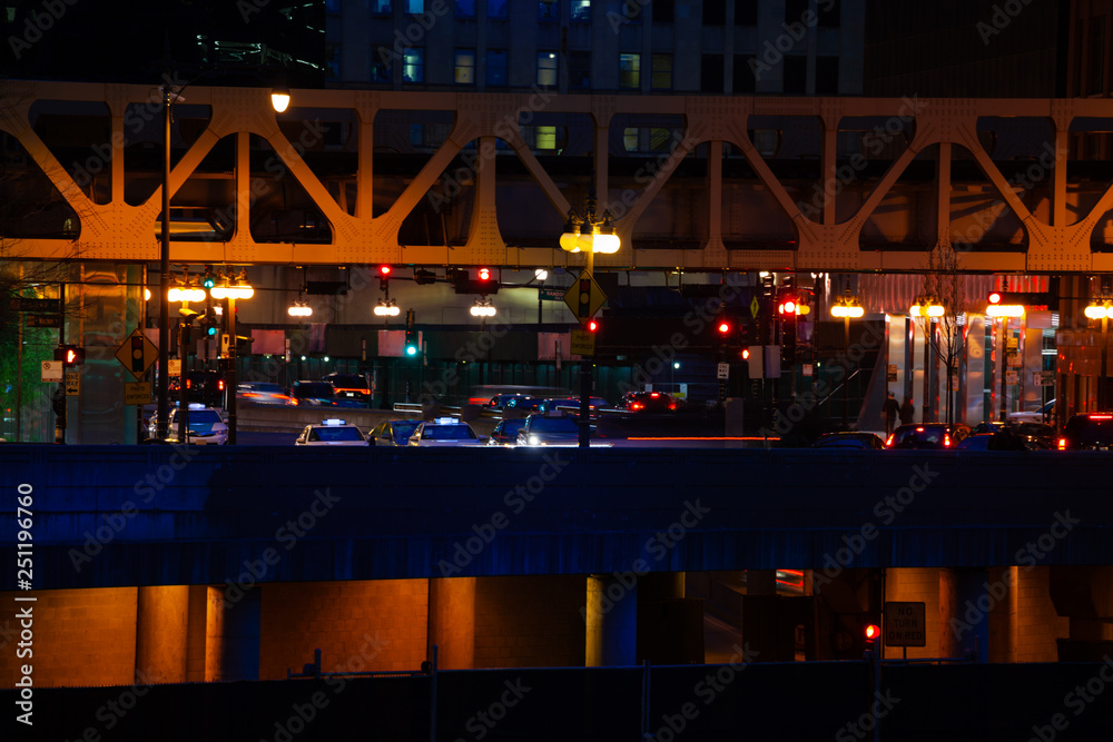 Night view of Chicago city and Lake street bridge