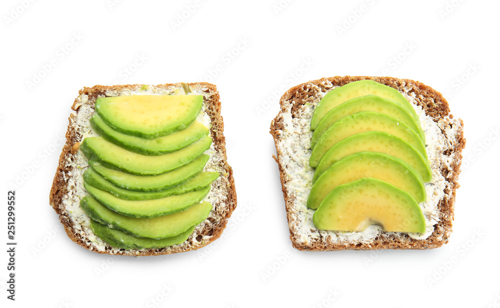 Tasty sandwiches with avocado on white background