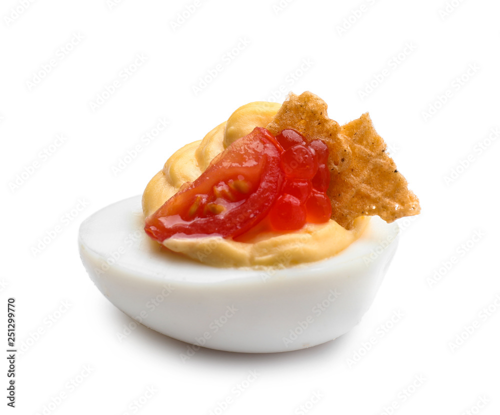 Tasty deviled egg on white background