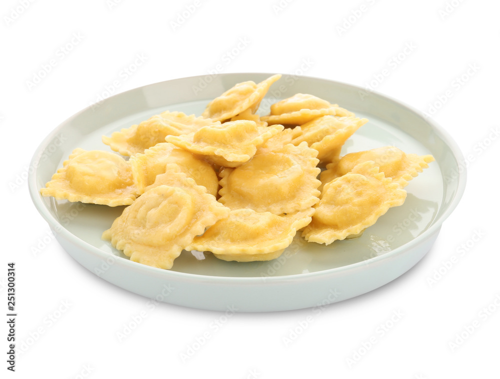 Plate with tasty ravioli on white background