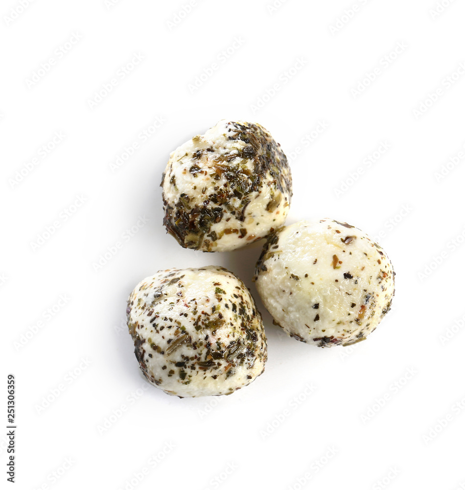 Tasty cheese with spices on white background