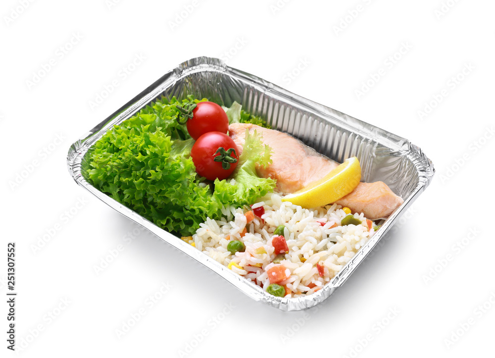 Container with delicious food for delivery on white background