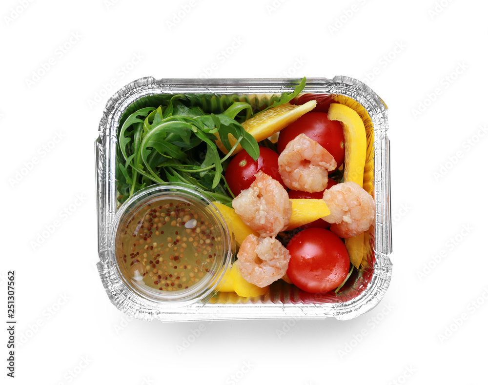 Container with delicious food for delivery on white background