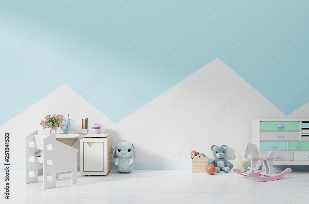 An empty childrens playroom with cabinet and table sitting,doll. 3D rendering 