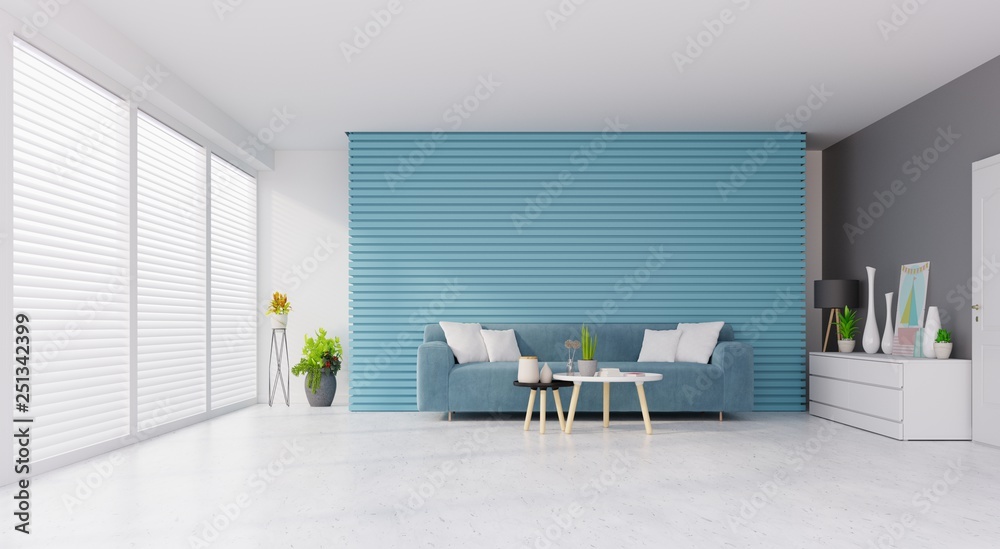 Modern vintage living room interior with sofa and green plants,table on blue,white wall background. 