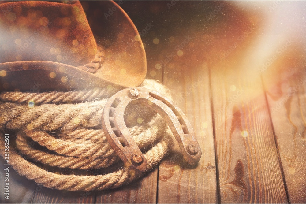 Metal horseshoe and cowboy hat on wooden table