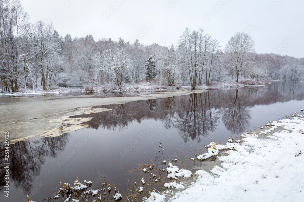 Morrum river in snowy winter scenery, Sweden