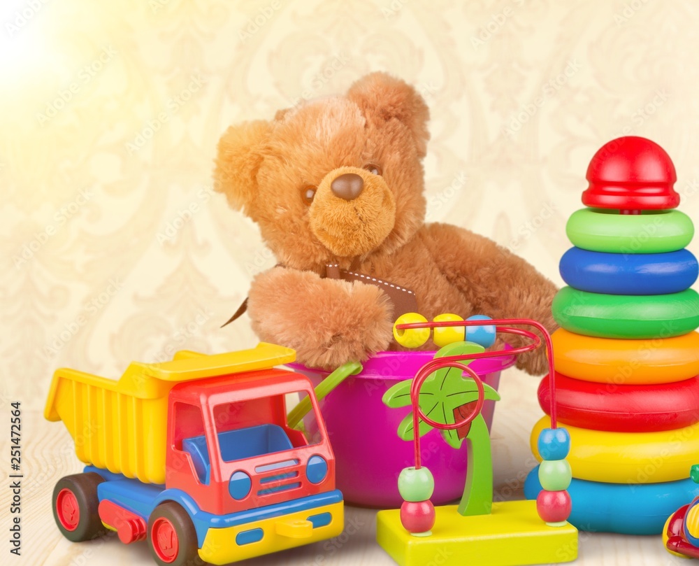 Toys collection isolated on light background