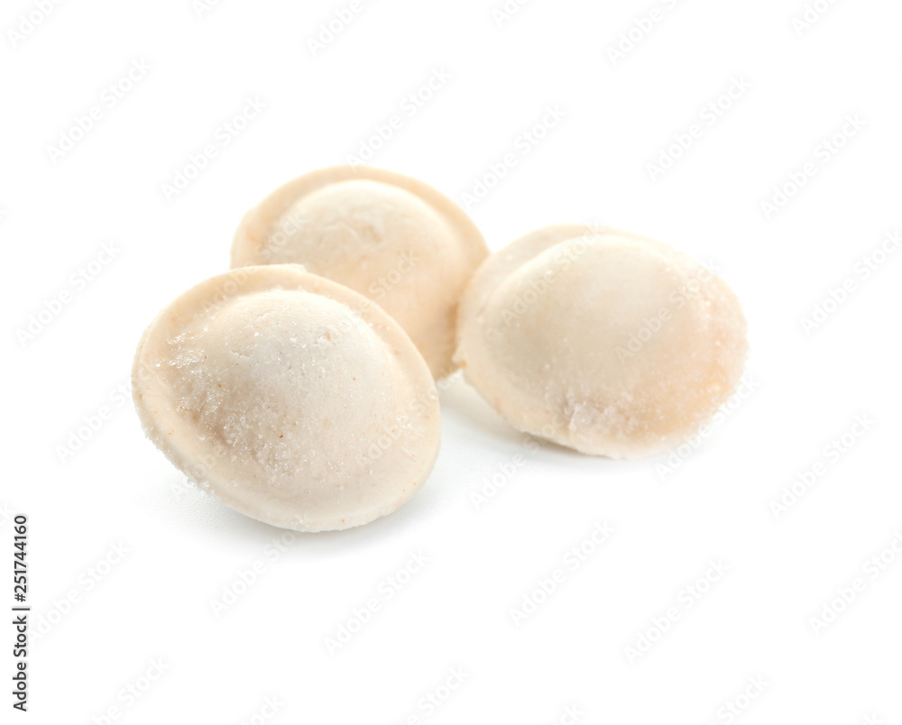 Fresh raw dumplings on white background