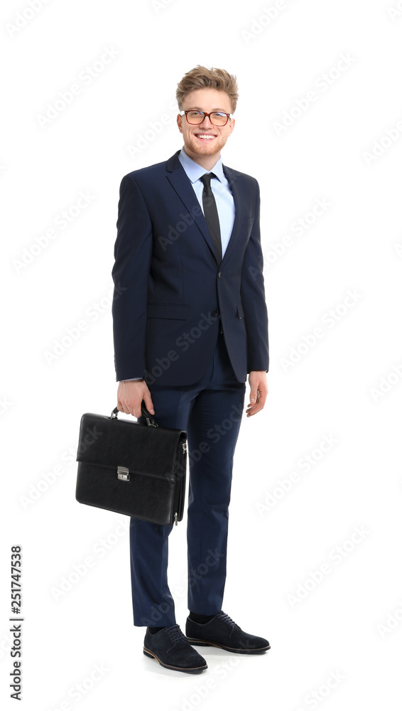 Handsome businessman with stylish briefcase on white background