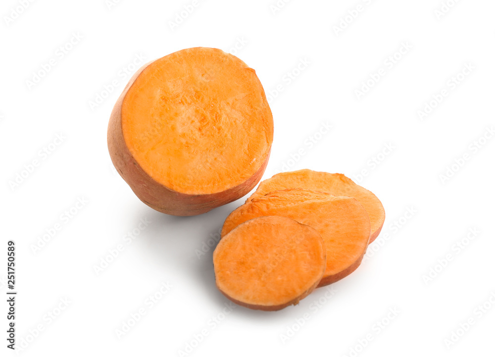 Raw cut sweet potato on white background