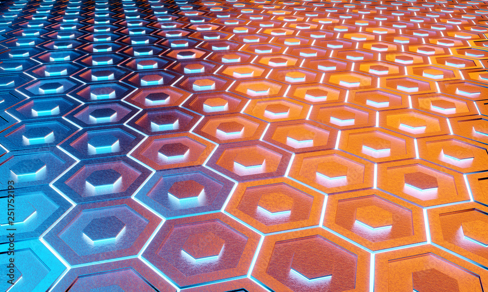 Glowing black blue and orange hexagons background pattern on silver metal surface 3D rendering