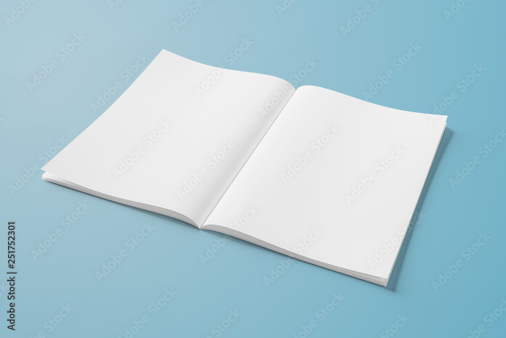 Isolated white open magazine mockup on blue 3D rendering