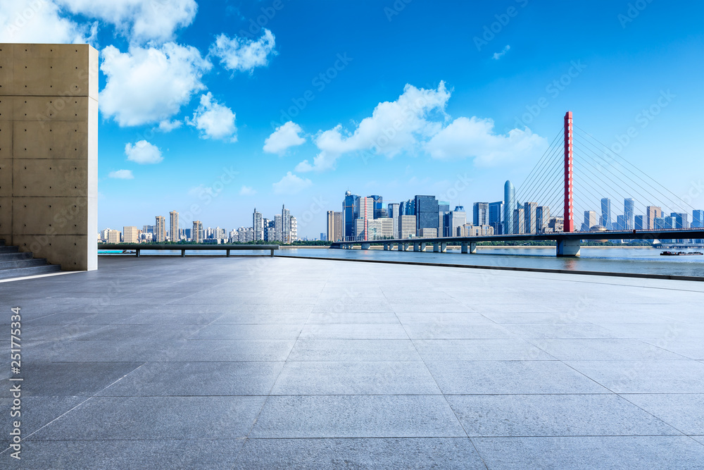 Beautiful Hangzhou city skyline and empty square floor