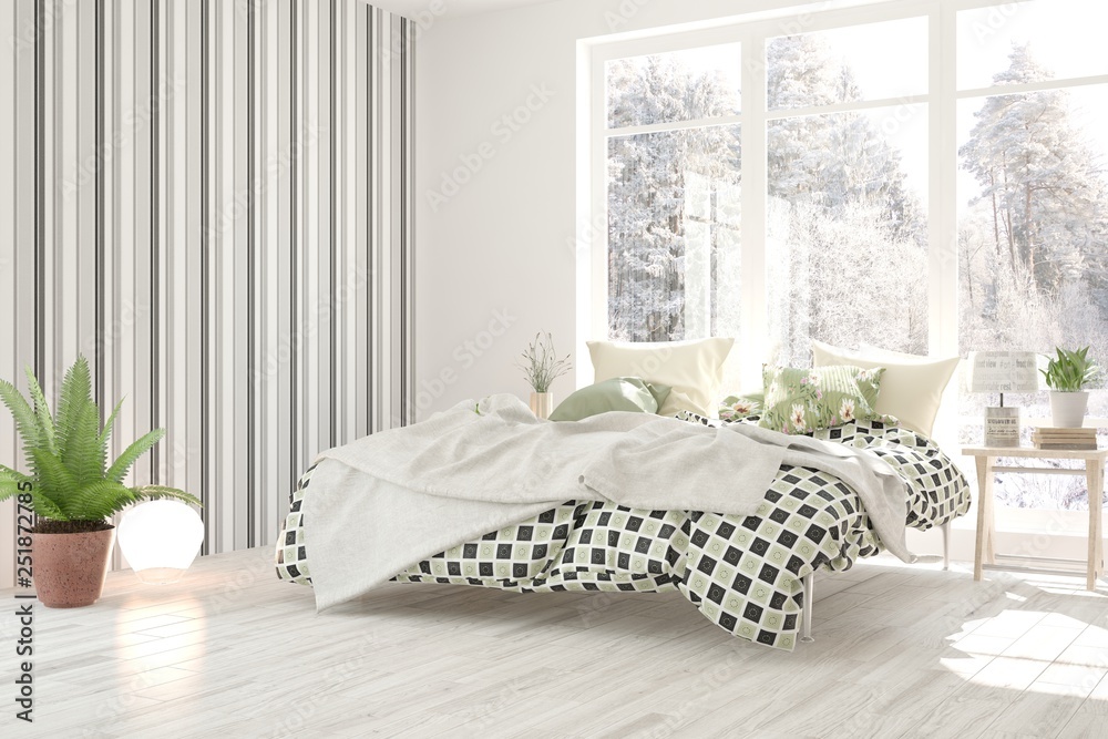 White stylish minimalist bedroom with winter landscape in window. Scandinavian interior design. 3D i