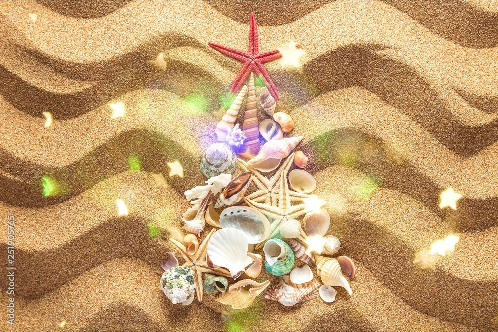 Fir tree made of sea shells on sand background