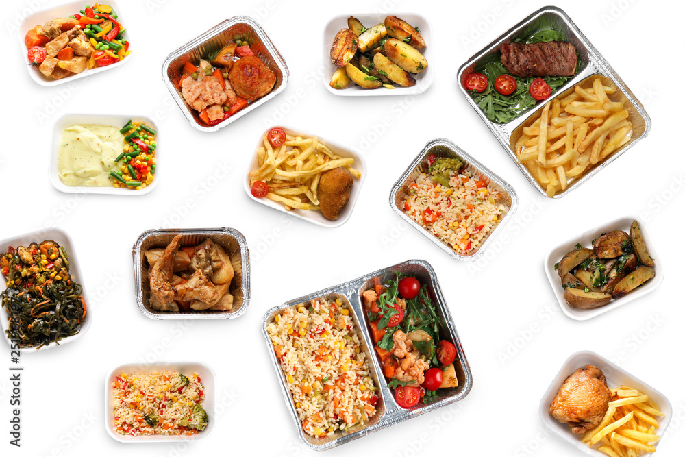 Different containers with delicious food on wooden table. Delivery service