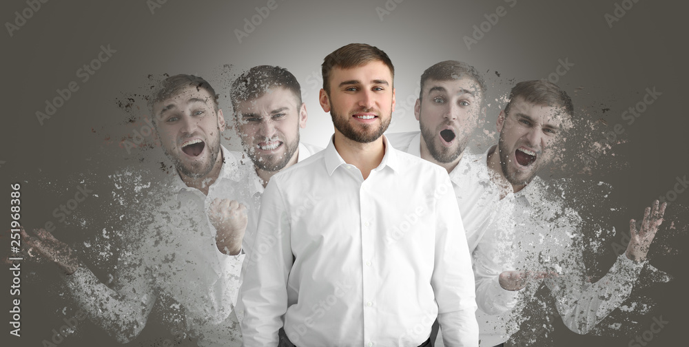 Different emotions of young man on grey background