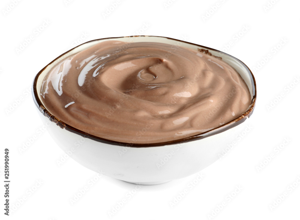 Bowl with chocolate yogurt on white background