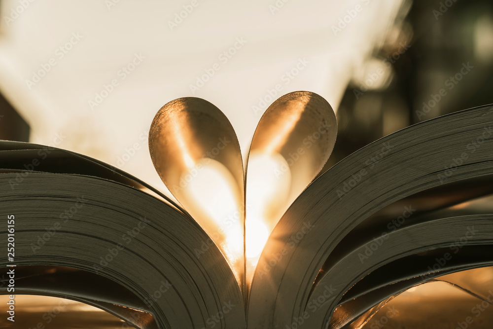 heart shape paper book fold with sun set flare light love ideas concept