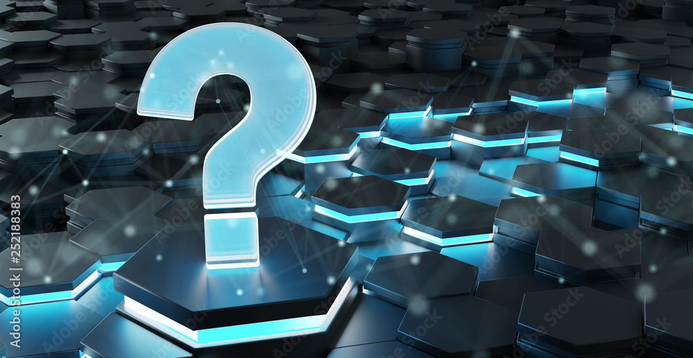 Black and blue question icon on hexagons background 3D rendering