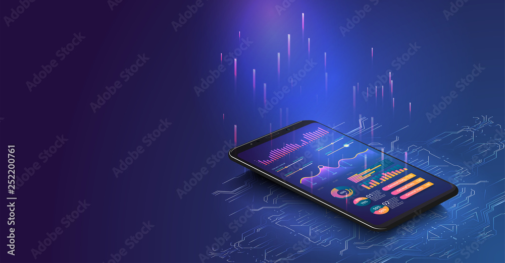 Application of smartphone with business graph and analytics data on isometric laptop . Analysis tren