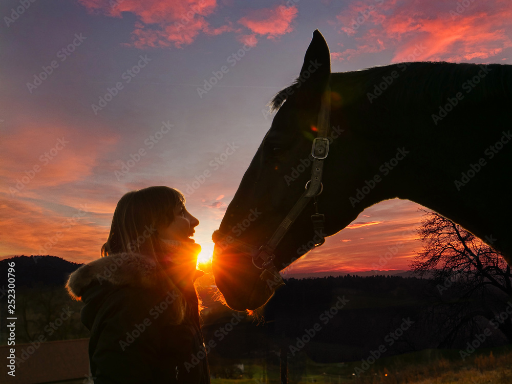 SILHOUETTE: Joyful woman laughs while looking at her beautiful adult horse.