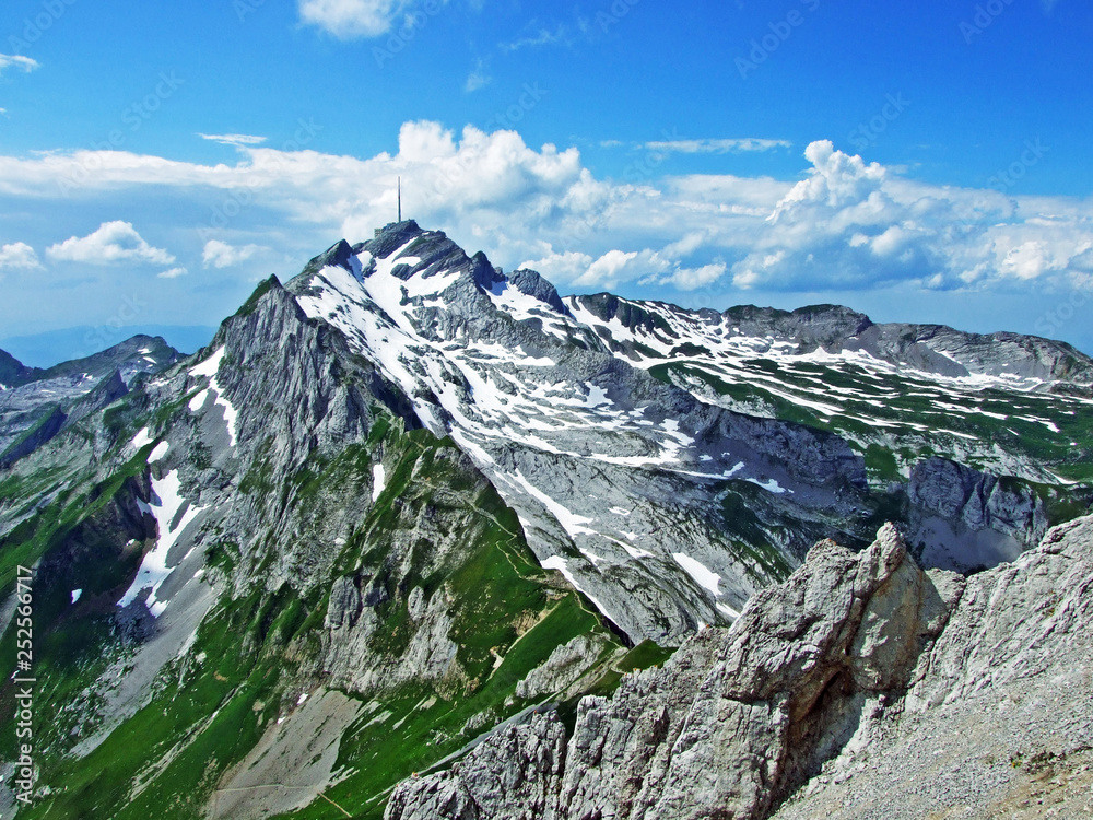 The beautiful Alpine peak of Säntis in Alpstein mountain range - Canton of Appenzell Innerrhoden, Sw