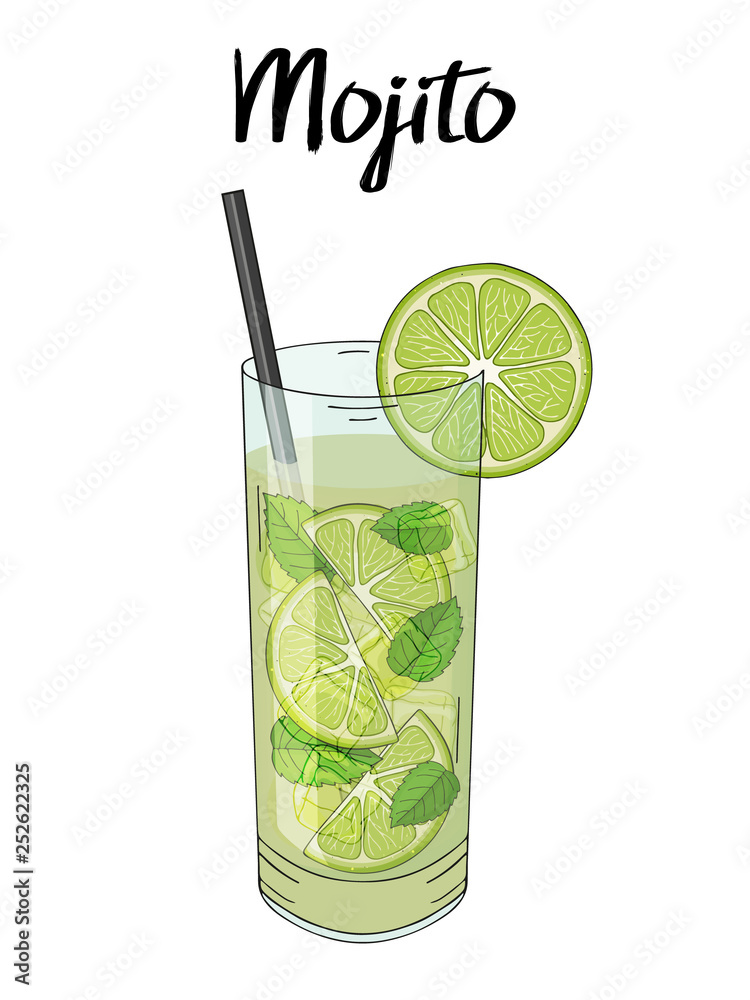 Mojito鸡尾酒，配酸橙装饰、稻草和薄荷。手绘。独立图像。矢量插图。