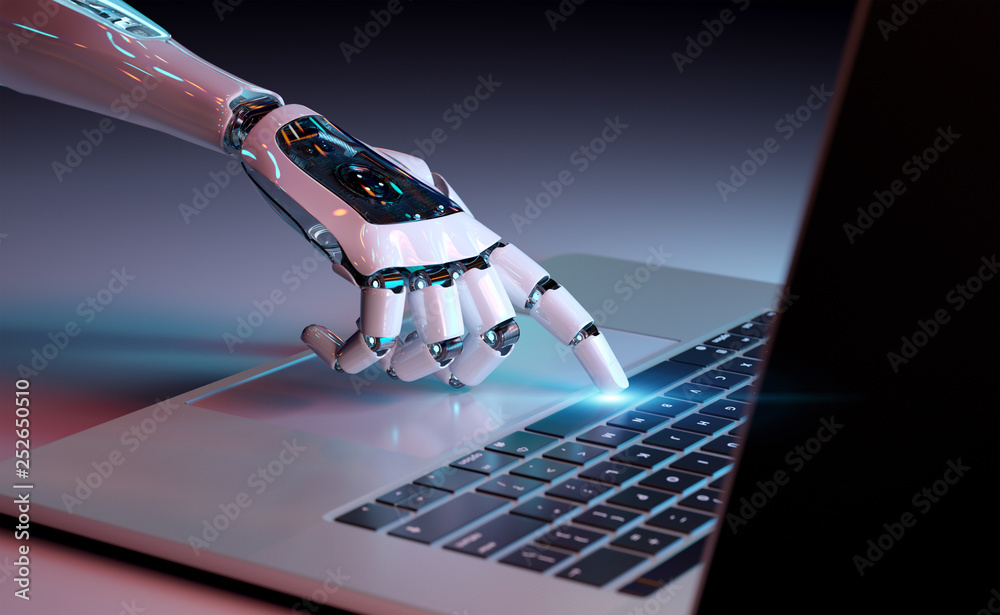 Robotic hand pressing a keyboard on a laptop 3D rendering