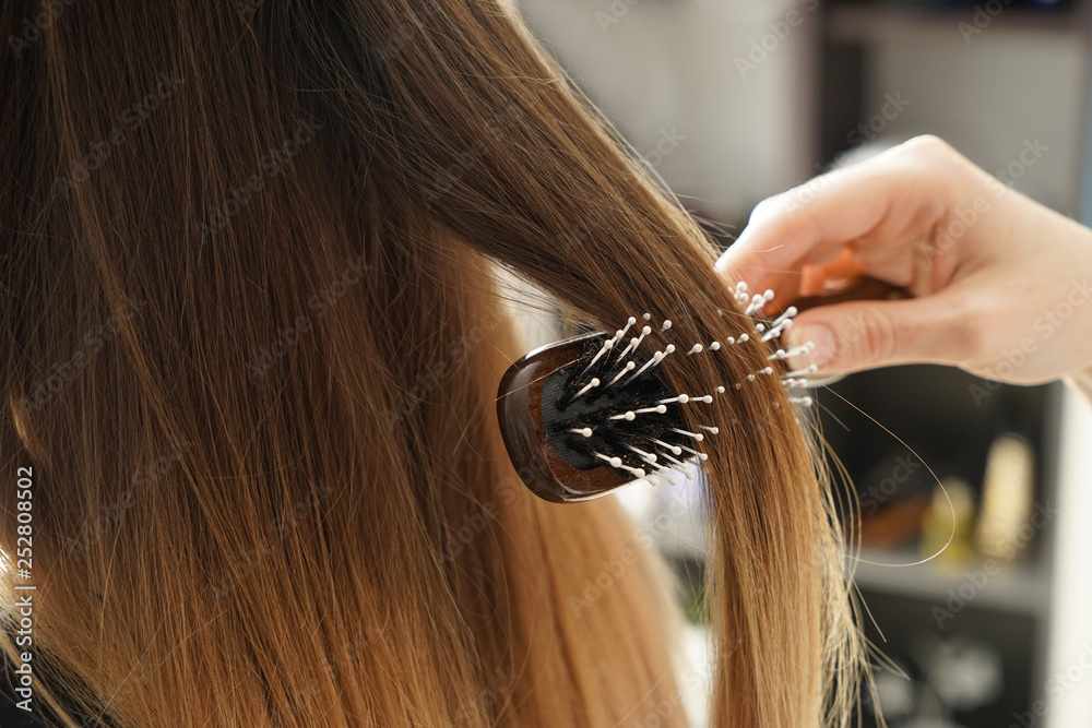 Hairdresser brushing long hair of young woman in salon