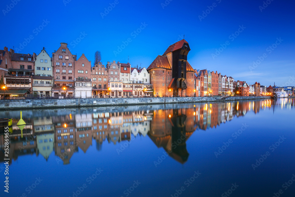 Beautiful old town of Gdansk with historic Crane at Motlawa river, Poland