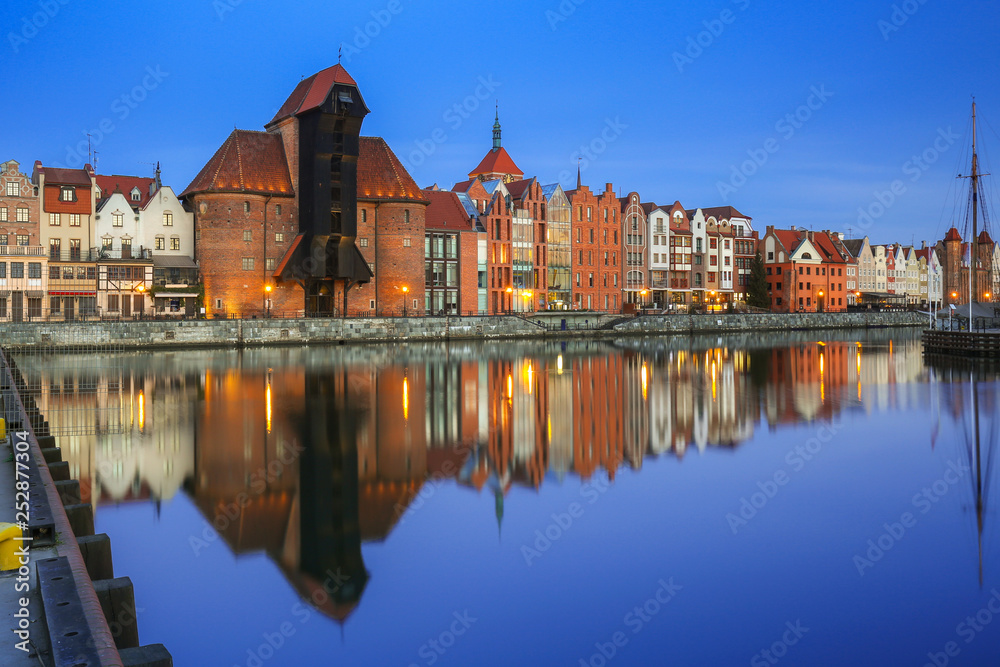 Beautiful old town of Gdansk with historic Crane at Motlawa river, Poland