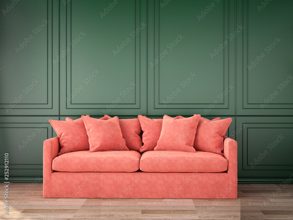 interior design for living area or reception with classic wall background ,living coral pantone / 3d