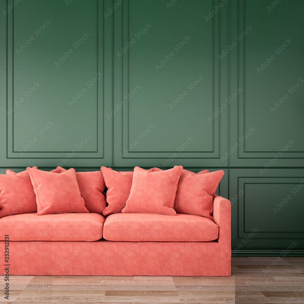 interior design for living area or reception with classic wall background ,living coral pantone / 3d