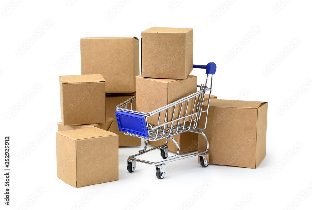 Boxes in a trolley on white  background with clipping path. Concepts about online shopping 