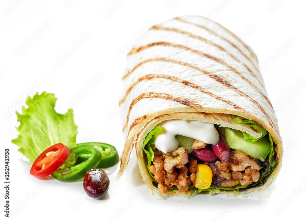 Tortilla wrap with fried minced meat and vegetables