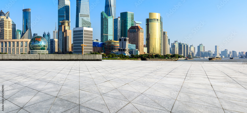 Shanghai Lujiazui financial district city scenery and empty square ground