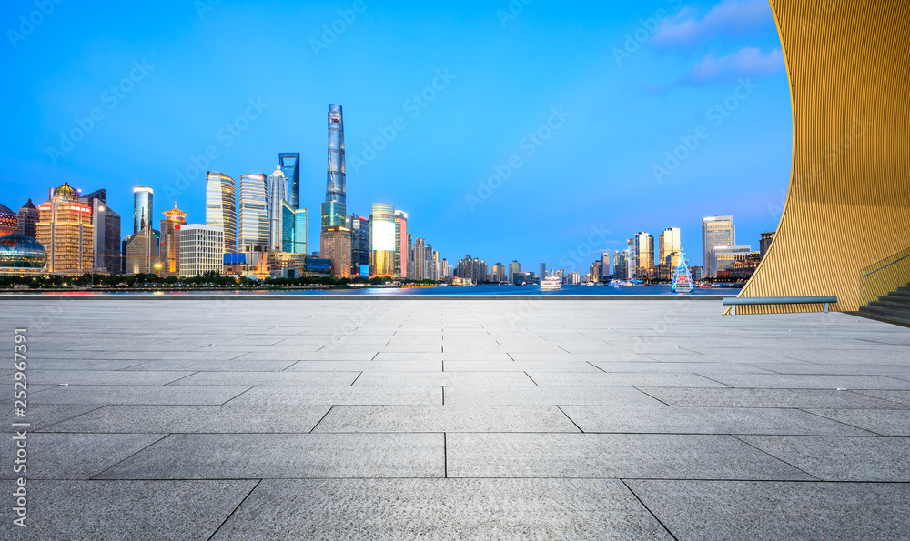 Empty square floor with panoramic city skyline in shanghai,china