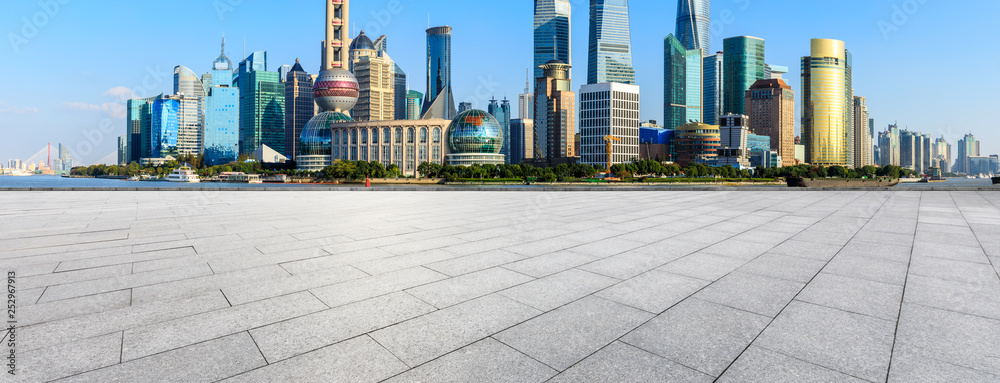 Shanghai Lujiazui financial district city scenery and empty square ground