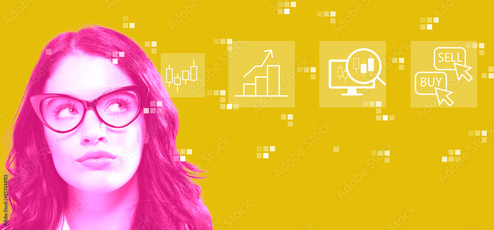 Stock trading concept with young businesswoman in a thoughtful face