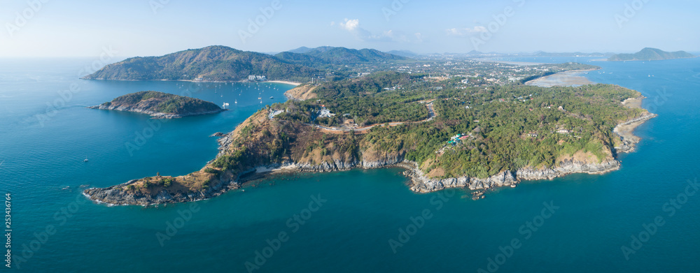 Aerial view drone shot of panorama laem promthep cape,beautiful scenery andaman sea in summer season