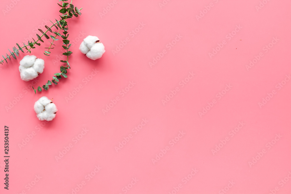 Natural flowers composition with eucalyptus branches and cotton flowers on pink background top view,