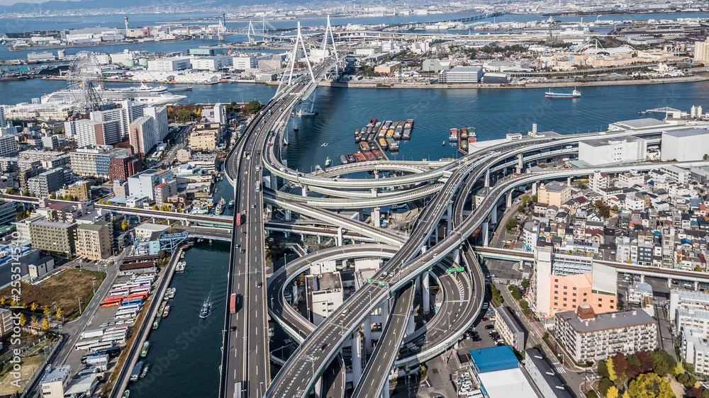 Aerial view interchange highway and overpass in city of Osaka City, Osaka, Kansai, Japan