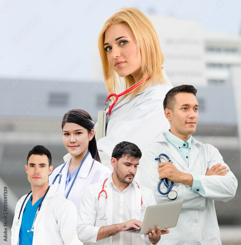 Healthcare people group portrait in creative layout. Professional medical staff, doctors, nurse and 