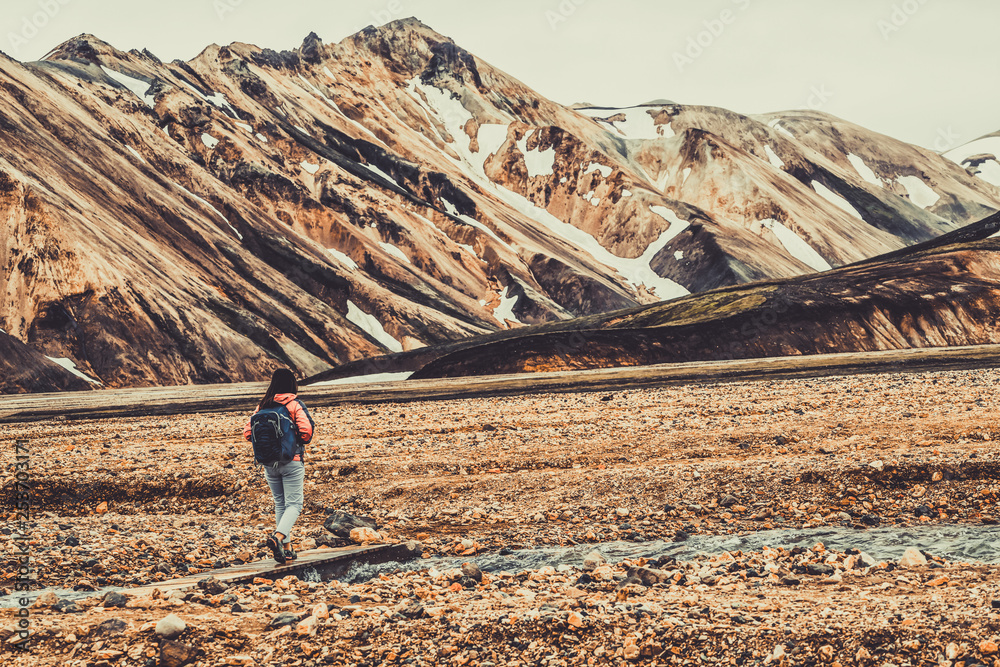 旅行者在欧洲北欧冰岛高地的Landmannaulaugar超现实自然景观徒步旅行。