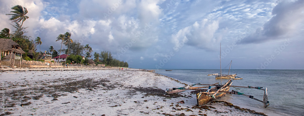 Beautiful sunset on the beach of the Indian ocean, Zanzibar island